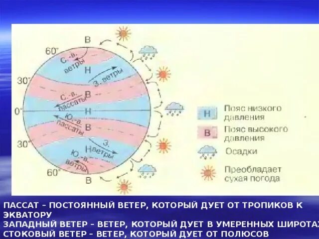 Пояса высокого и низкого атмосферного давления. Ветер география 6. Названия различных ветров. Общая циркуляция атмосферы. Пассаты и Муссоны. Северный ветер градусы