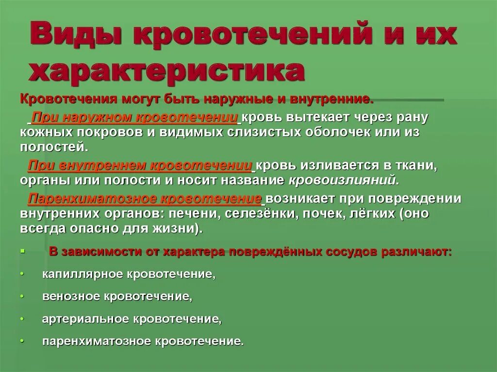 Характер кровотечения. Виды кровотечений и их характеристика. Характеристика типов кровотечения.