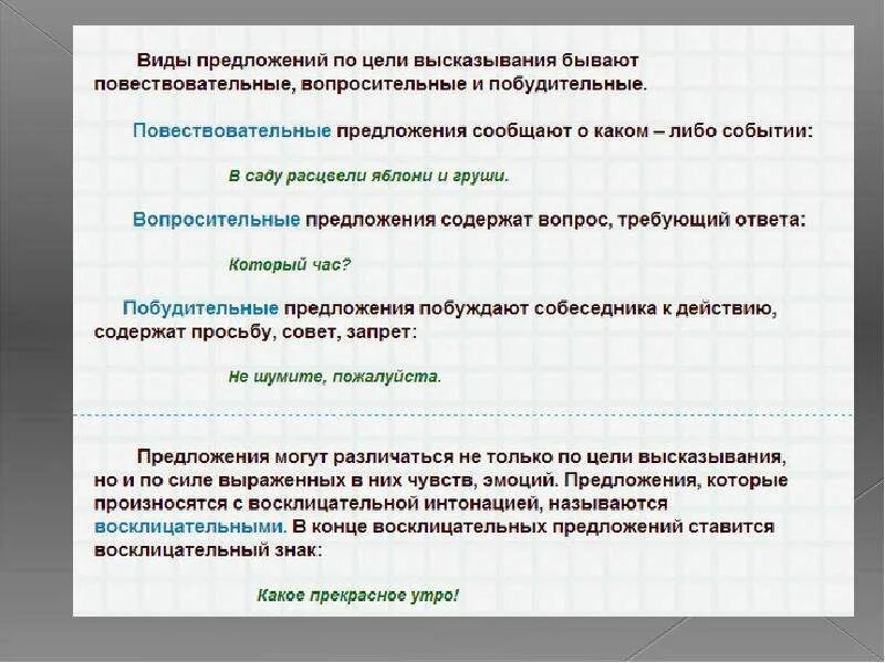 Цель высказывания это. Повествовательные вопросительные и побудительные предложения. Повествовательное предложение примеры. Цель побудительного предложения. Типы предложений повествовательное побудительное.