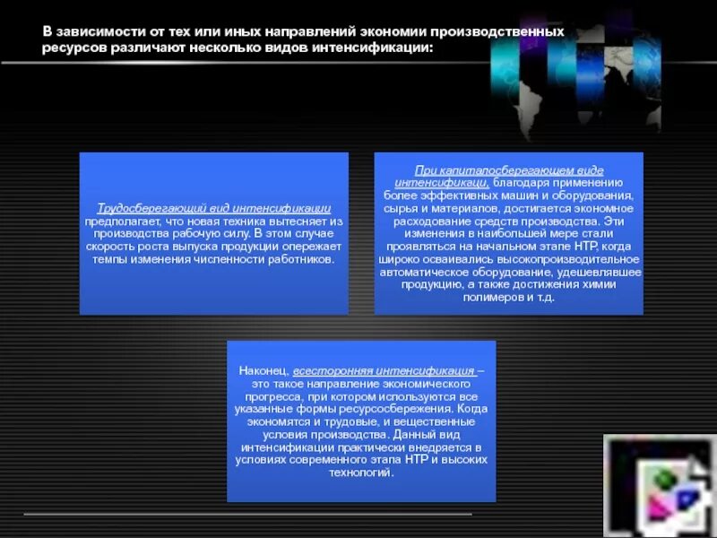 Интенсификация экономического роста. Виды интенсификации производства. Экономия производственных ресурсов. Виды интенсификации экономического.