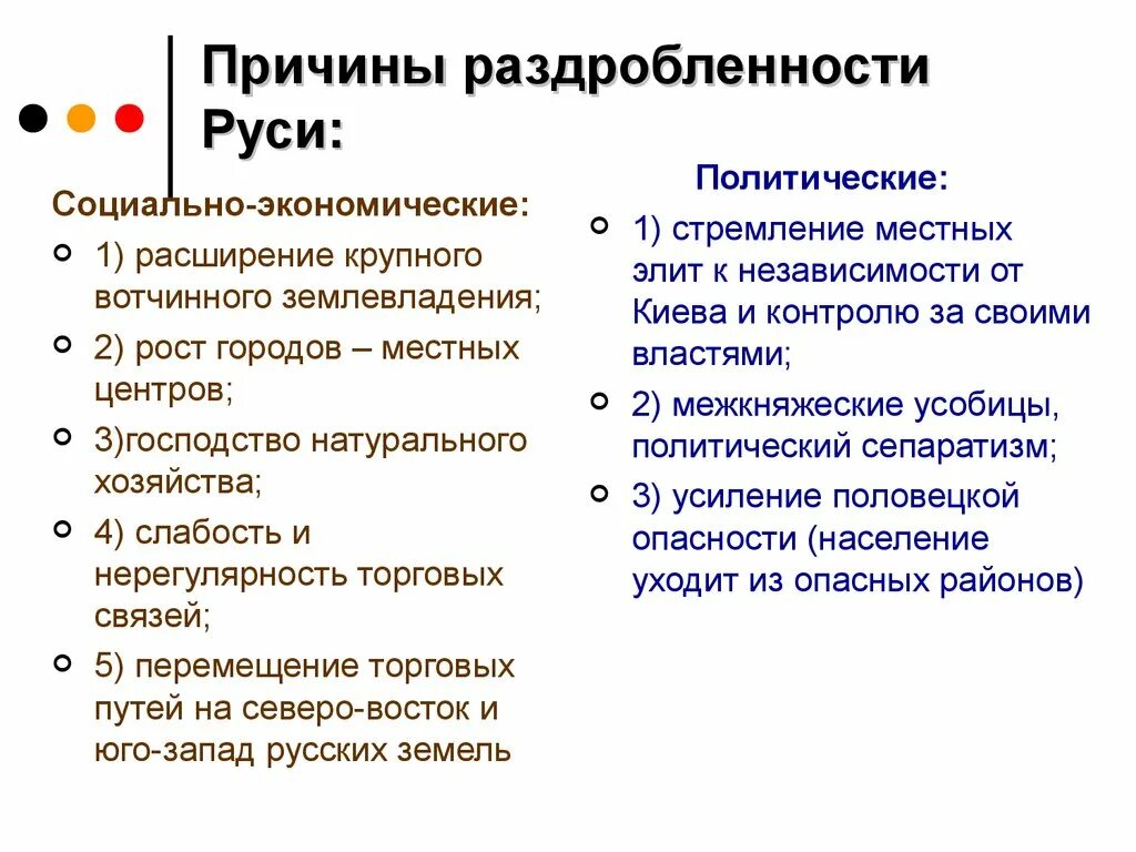 Выберите три причины политической раздробленности