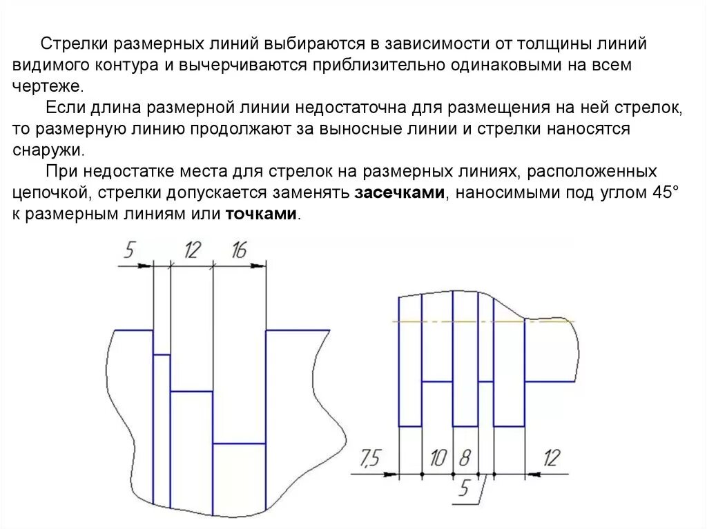 Расстояние размерных линий от чертежа. Расстояние размерной линии от контура чертежа. линия видимого контура на чертеже. стрелки размерных линий. линии видимого контура детали выполняются.
