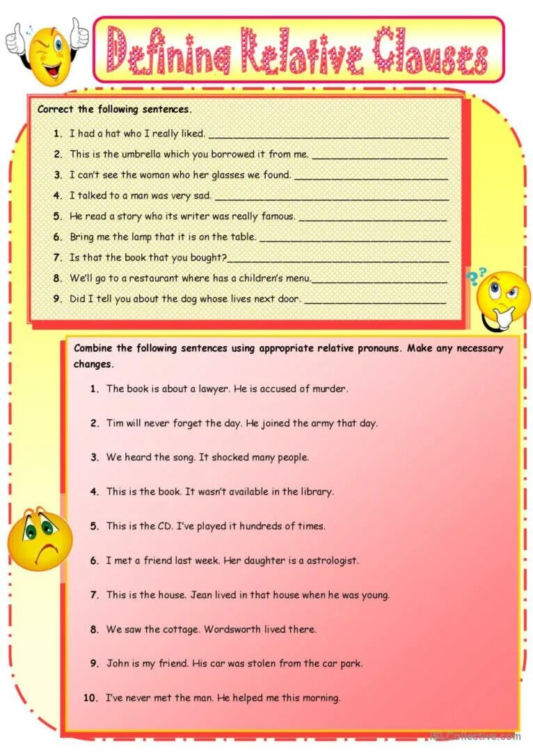 Rephrase the sentences. Relative pronouns упражнения. Defining relative Clauses Worksheets. Relative pronouns задания. Relative Clauses в английском языке Worksheets.