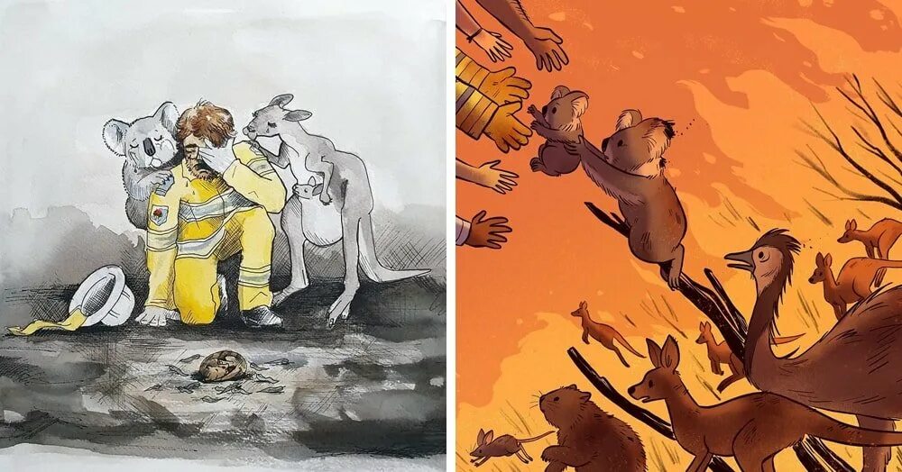 Кто спас зверей от страшного. Спасение животных иллюстрация. Спасение от пожара животные нарисованные. Рисунок пожар в Австралии. Иллюстрация погибших животных.