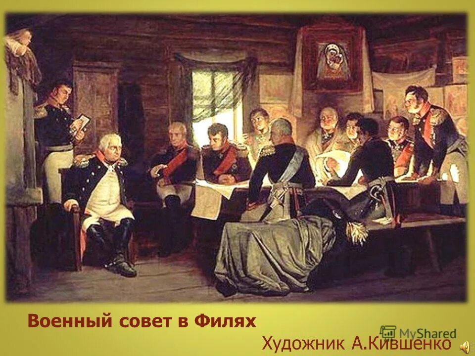 военный совет в филях 1 сентября 1812 года. совет в филях 1812. где было принято решение оставить москву. картина военный совет в филях кившенко. вопрос почему на военном совете было принято решение оставить москву.