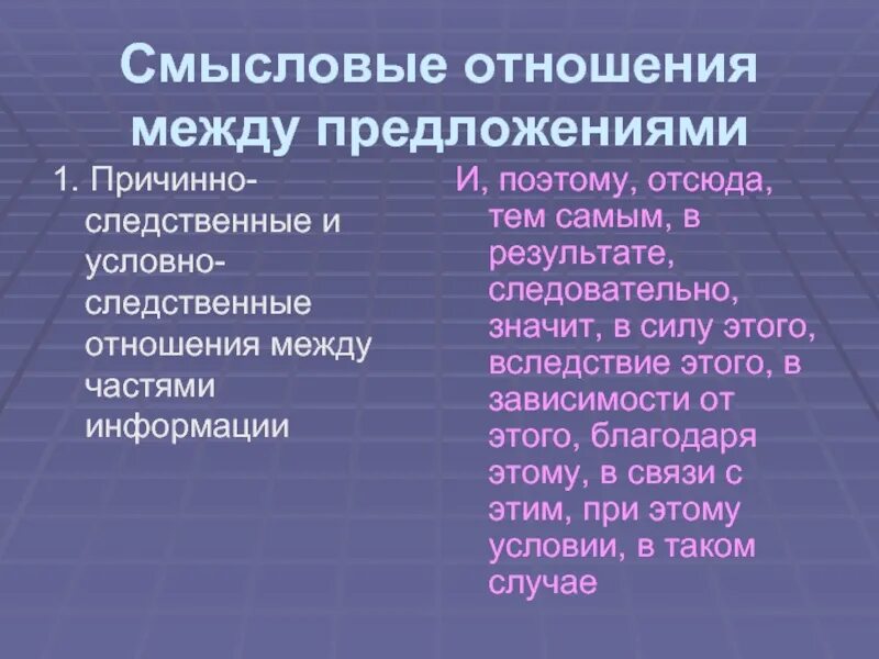 Логико смысловые отношения между предложениями 10 класс. Смысловые отношения между частями сложносочиненного предложения. Русский язык причинно следственные Смысловые связи.