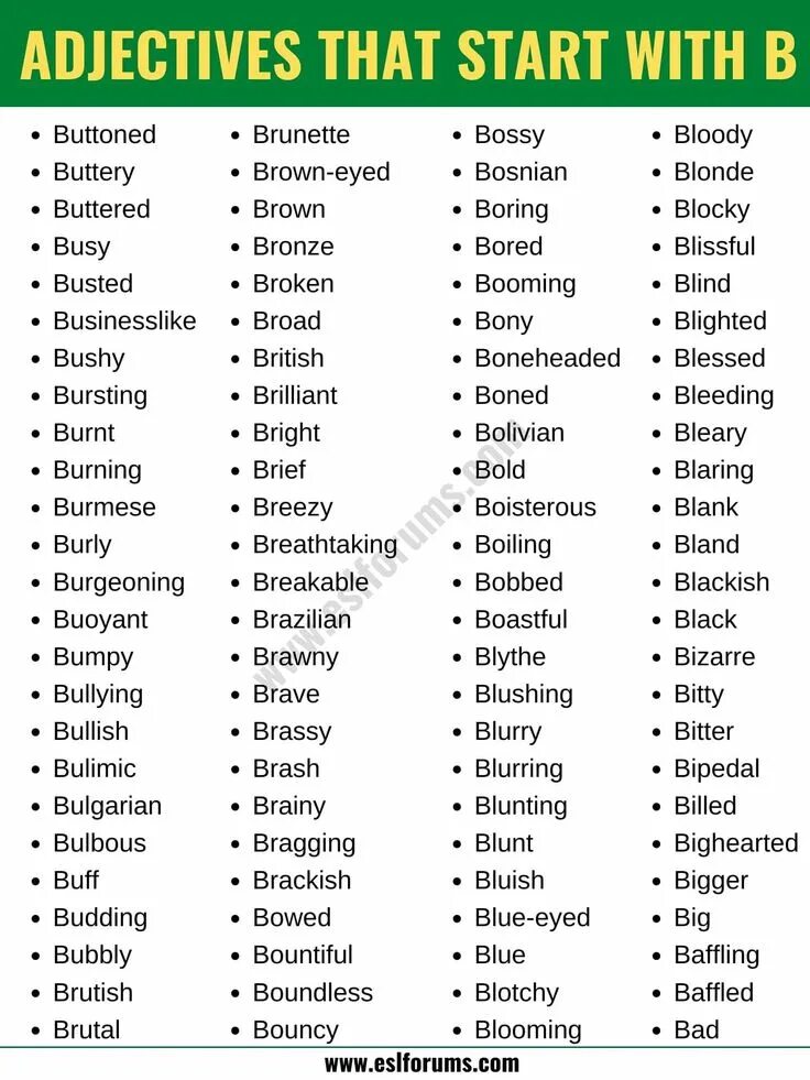 That start with b. Adjective. adjectives starting with a. common adjectives. adjective on b.
