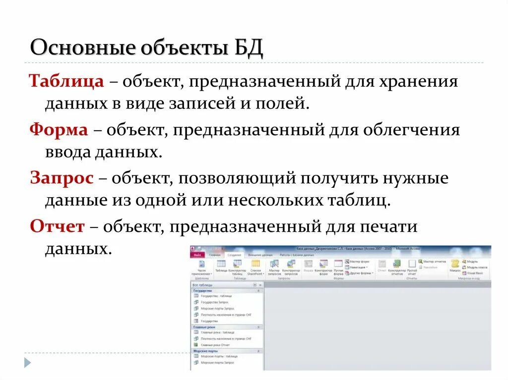 Сохраняет полученную информацию в. Запросы и отчеты в базах данных.. Основные объекты БД. Запрос отчет форма. Отчет запрос форма в базе данных.