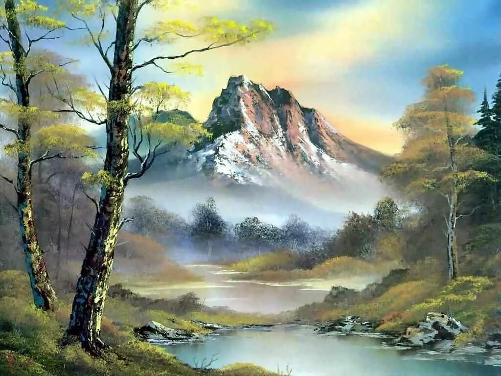 Painted landscape. Картина Боба Росса горы море. Bob Ross горы. Художник пейзажист Боб Росс. Аж-1821 горный ручей.