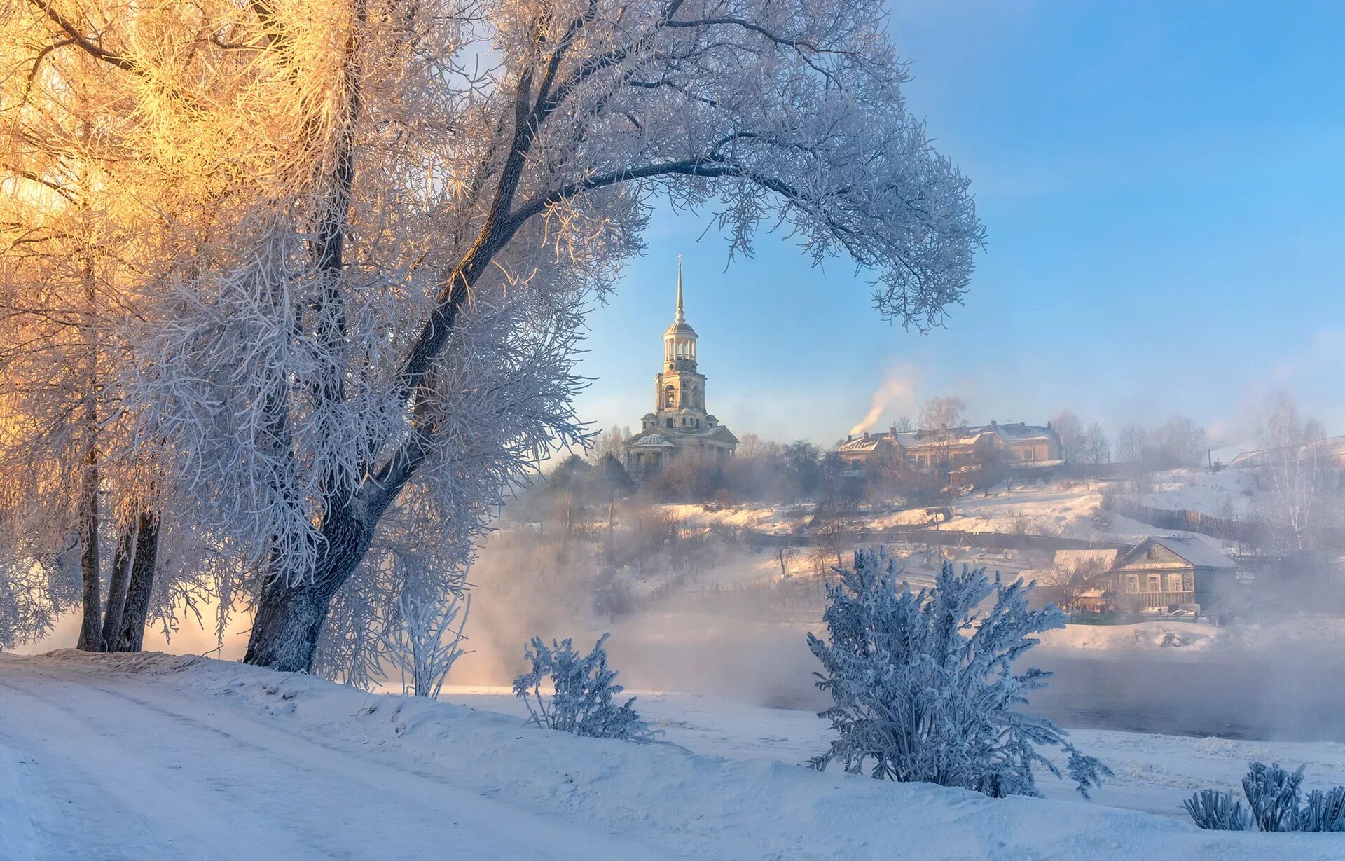 Храм зима рассвет Муром. Тверь зима храмы. Зима в России. Зимний пейзаж.