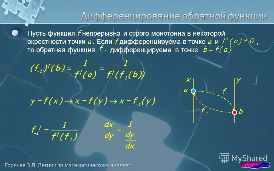 13. Понятие дифференцируемости функции. Теорема о дифференцировании обратной функции. Производная обратной функции доказательство теоремы. Правило дифференцирования обратной функции.