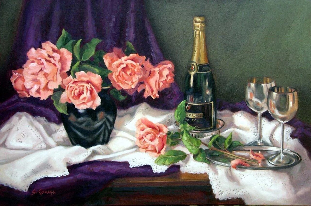 фрукты с шампанским. шампанское натюрморт. натюрморт с шампанским. натюрморт с бокалом шампанского. художник раймонд кэмпбелл картины вино.