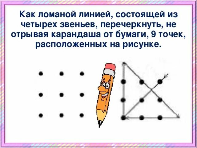 Состояли из четырех классов. Как соединить 9 точек четырьмя непрерывными линиями. Перечеркнуть 9 точек 4 линиями. Соединить точки прямыми линиями. Как ломаной линией состоящей из четырех звеньев.