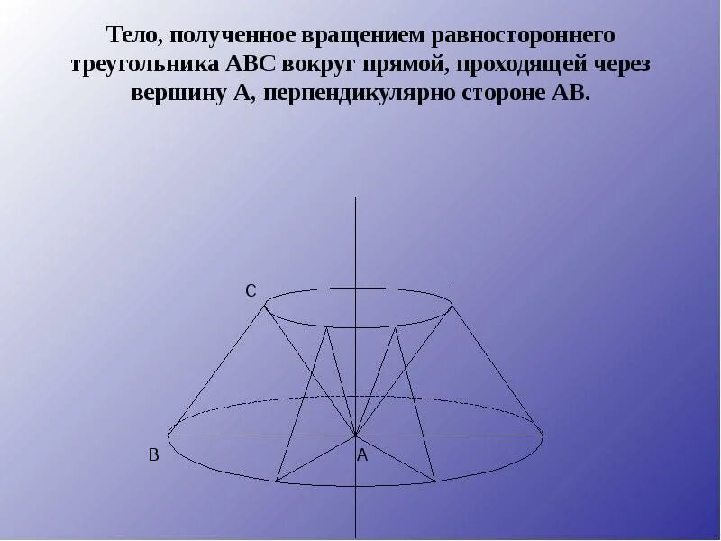 Тело полученное вращением равностороннего треугольника. Тело вращения треугольника вокруг прямой. Тело полученное вращением равностороннего треугольника АВС. Тело вращения прямоугольного треугольника вокруг прямой проходящей.