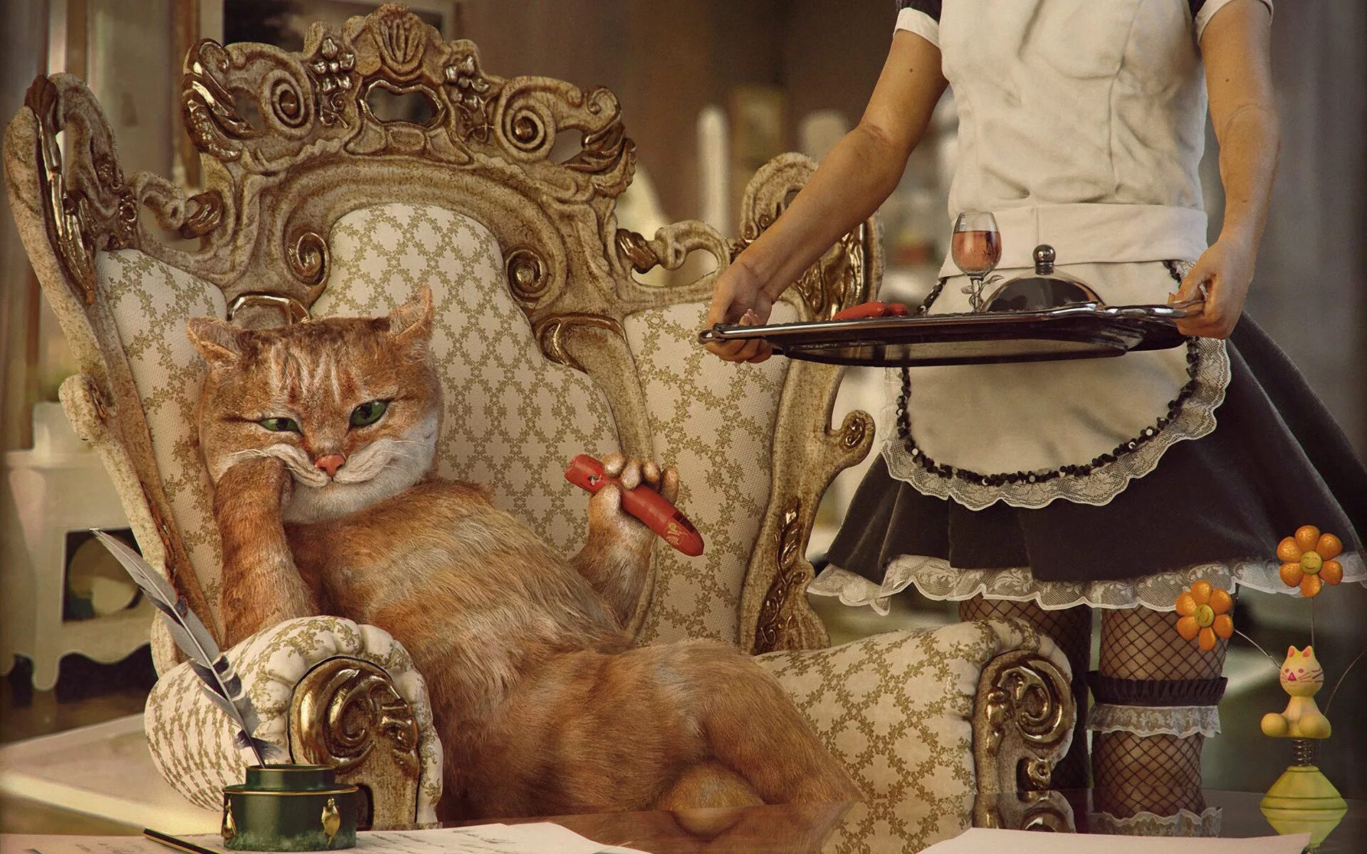 Кресло для кошки. Шикарная кошка. Роскошный кот. Деловой кот. Стол кошечка