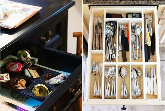 Порядок в кухонных шкафах. Навести порядок в ящике на кухне. Хранение под столом в интерьере. Фото нужные вещи на кухню.