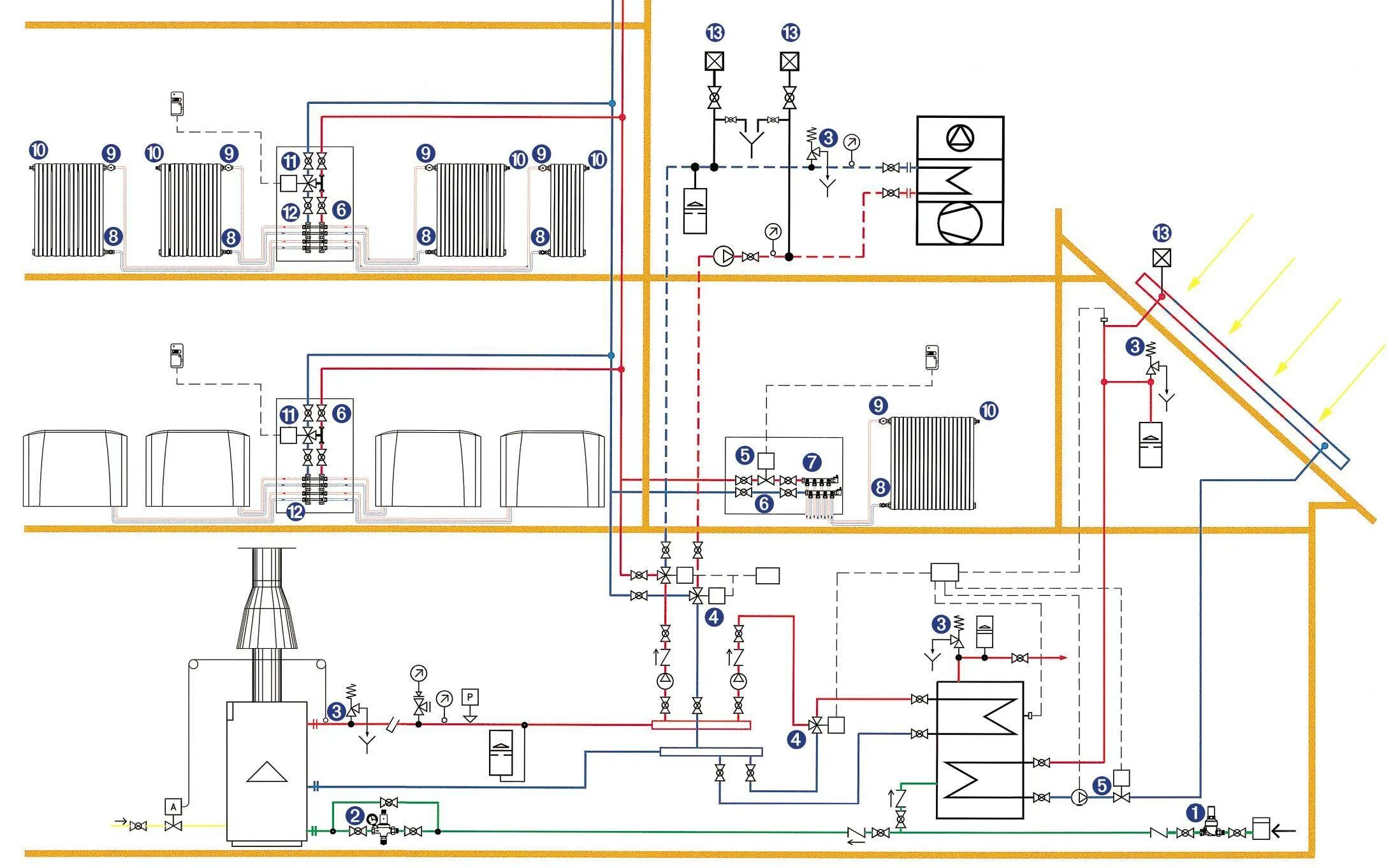 Схема разводки газового котла. Схема системы отопления разводка от газового котла. Схема подключения двухэтажного дома к котлу отопления. Схема ГВС В частном доме от газового котла.