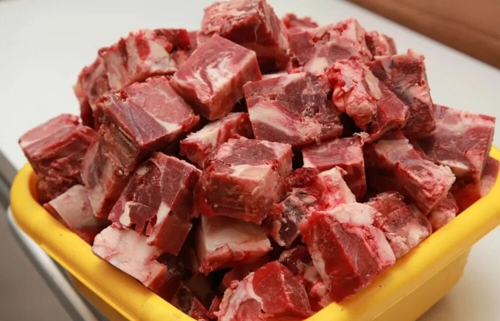 Собака та мясо. Миска с мясом.