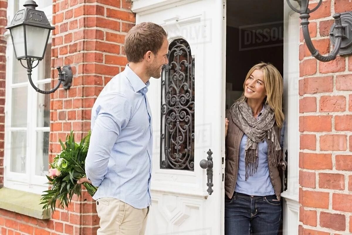 Someone at the Front Door. Vvulfs at the Door. 2 Men in Front of Door. Couples at the Door.