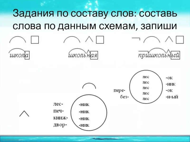 Задания по русскому языку состав слова 2 задания. Состав слова схема. Подобрать слова по схеме. Задания по русскому части слова. Подберите разобрать по составу