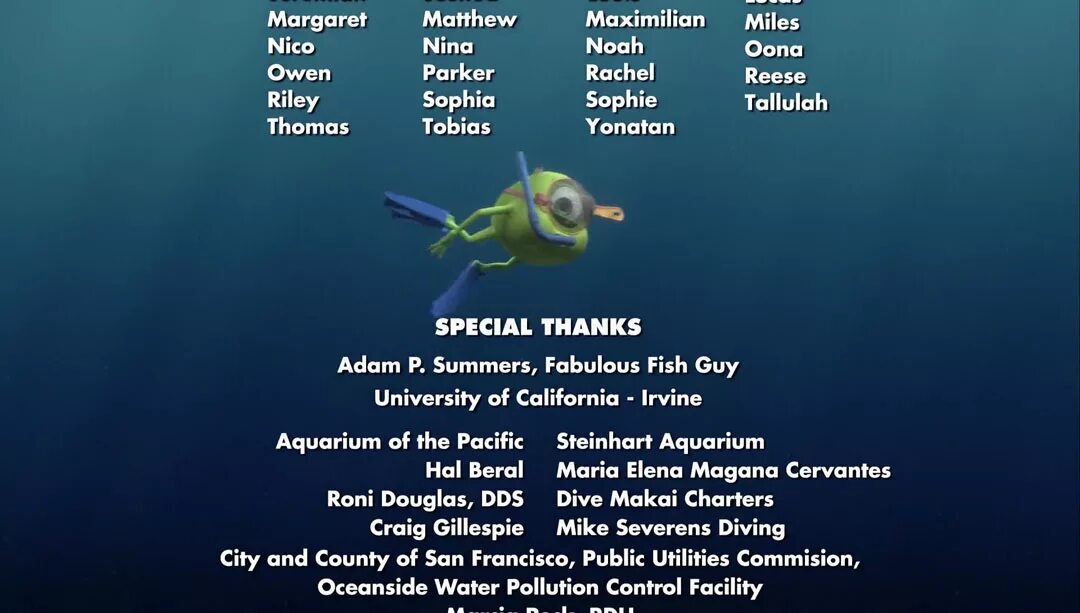 Special thanks to. Майк Вазовски в поисках Немо. В поисках Немо титров. Finding Nemo credits. Finding Nemo end credits 2003.