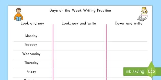 Write the days перевод на русский. Days of the week writing practice. look say and write. write the days of the week. what missing look say and write.