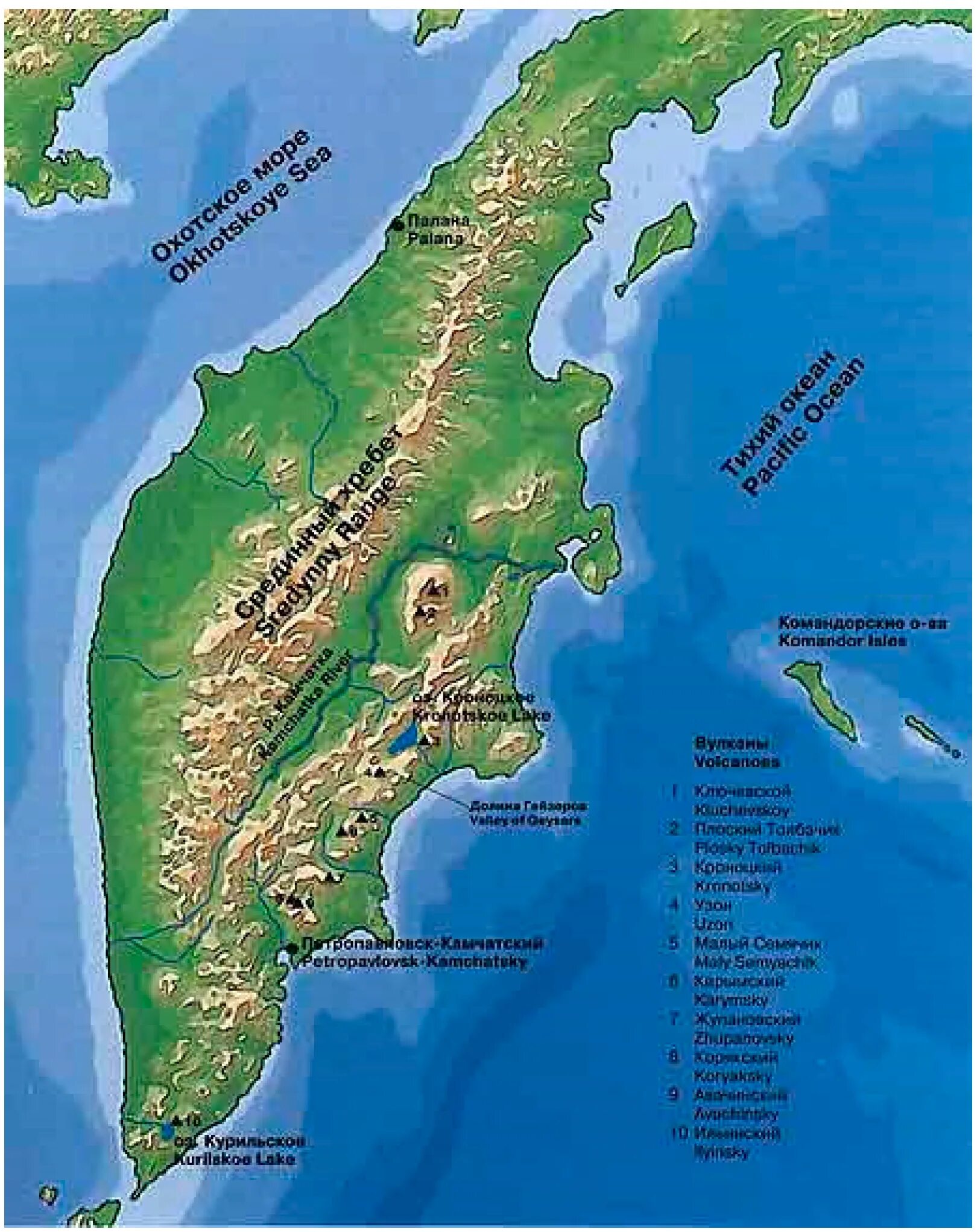 Горы камчатки на карте россии. Полуостров Камчатка на карте. Камчатский полуостров на карте. Срединный хребет полуострова Камчатка. Полуостров Камчатка географическая карта.