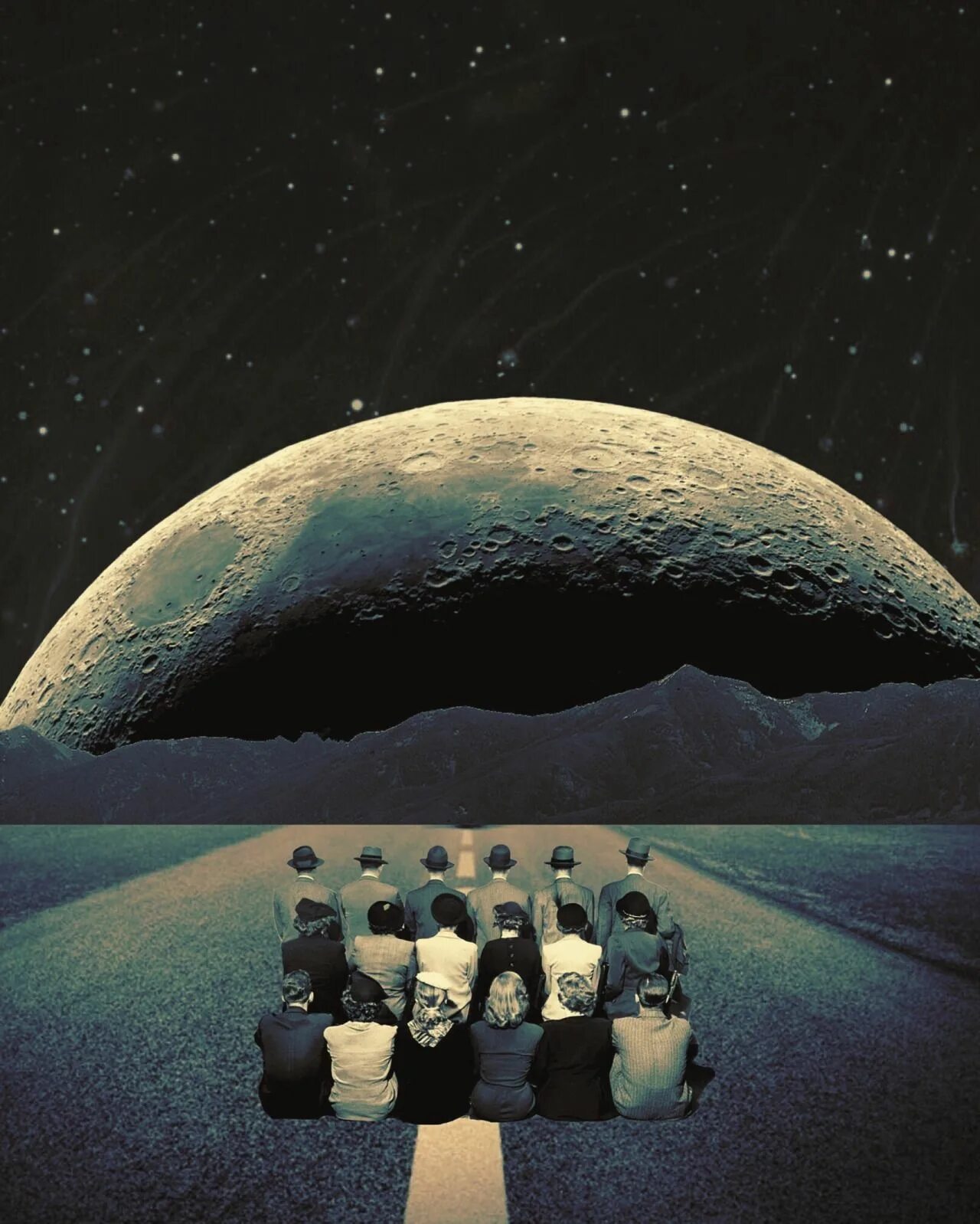 Moons going. UFO collage Art.