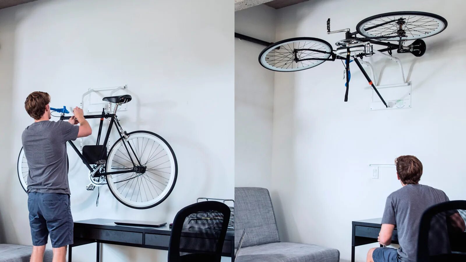 Как повесить горизонтальные. Велосипед на стене. Велосипед в квартире. Велосипед на стене в интерьере. Хранение велосипедов.