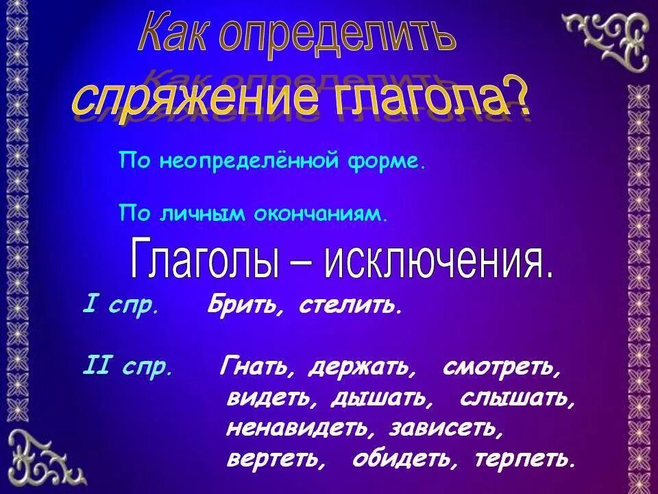 Терпят начальная форма. Спряжение глаголов исключения. Как определить спряжение глагола глаголы исключения. Определить спряжение глагола. Глаголы исключения спряжение глаголов.