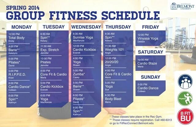 Schedule of classes Fitness Design. Fitness Schedule TV. Gym Group Workout. Group exercise class names. Spring group