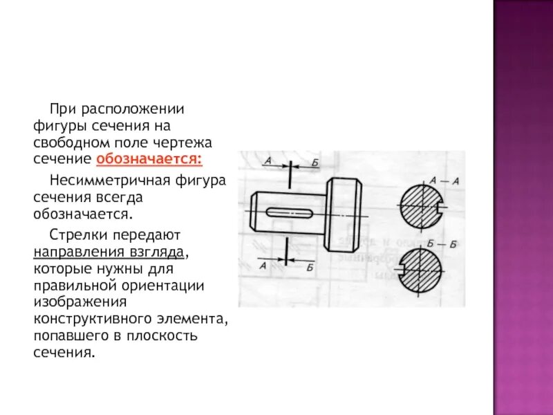 Тело округлое в сечении. Сечение на Свободном поле чертежа. Вынесенное сечение в разрезе. Вынесенное сечение на чертеже. Направление взгляда на чертеже.