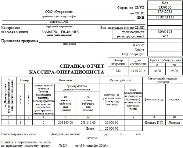 Отчет кассира документ