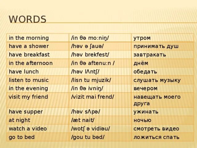 In транскрипция и перевод. Утро день вечер на английском. Английские слова. Транскрипция английских словосочетаний. Фразы на английском с транскрипцией.