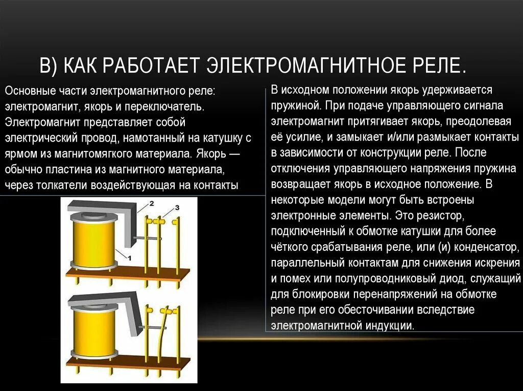 Приведите примеры использования электромагнитов. Электромагнитное реле принцип работы. Электромагнитное реле(схема, работа). Опыты с электромагнитом. Основные части электромагнита.