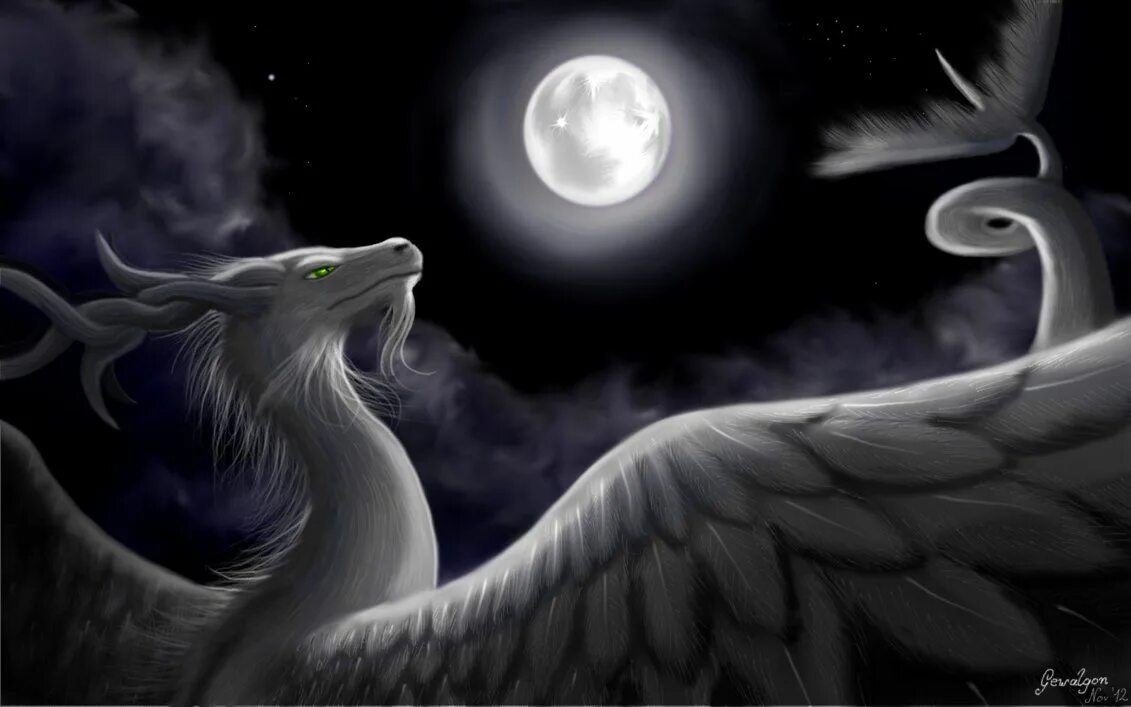 Дракон Луны. Лунный дракон арт. Дракон под луной. Белый дракон ночью.