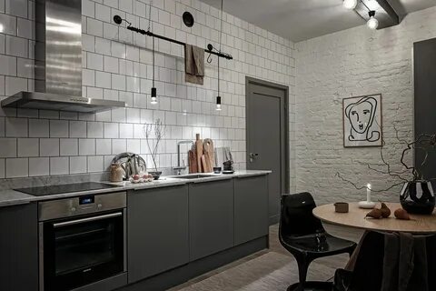 Серый кирпич кухня