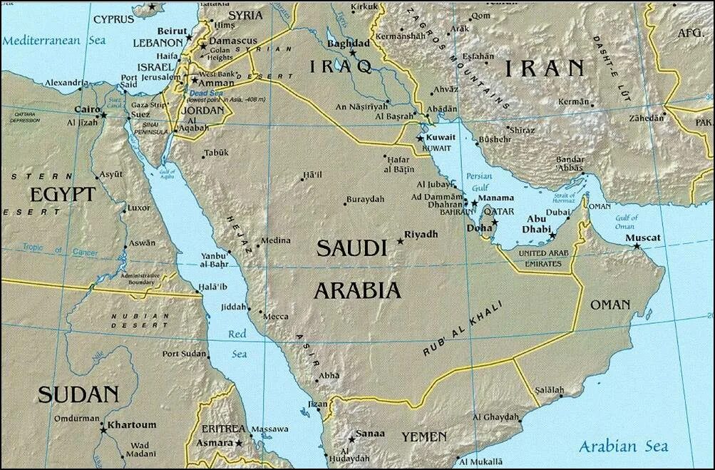 Аравийский полуостров на карте политической. Саудовская аравия расположена