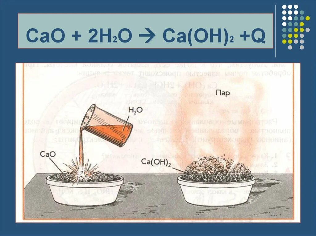 Соединение cao h2o. Cao+h2o. Cao h2o CA Oh 2 q Тип реакции. CA 2h2o CA Oh 2 h2 Тип реакции. Cao+h2o=CA(Oh)2+q.