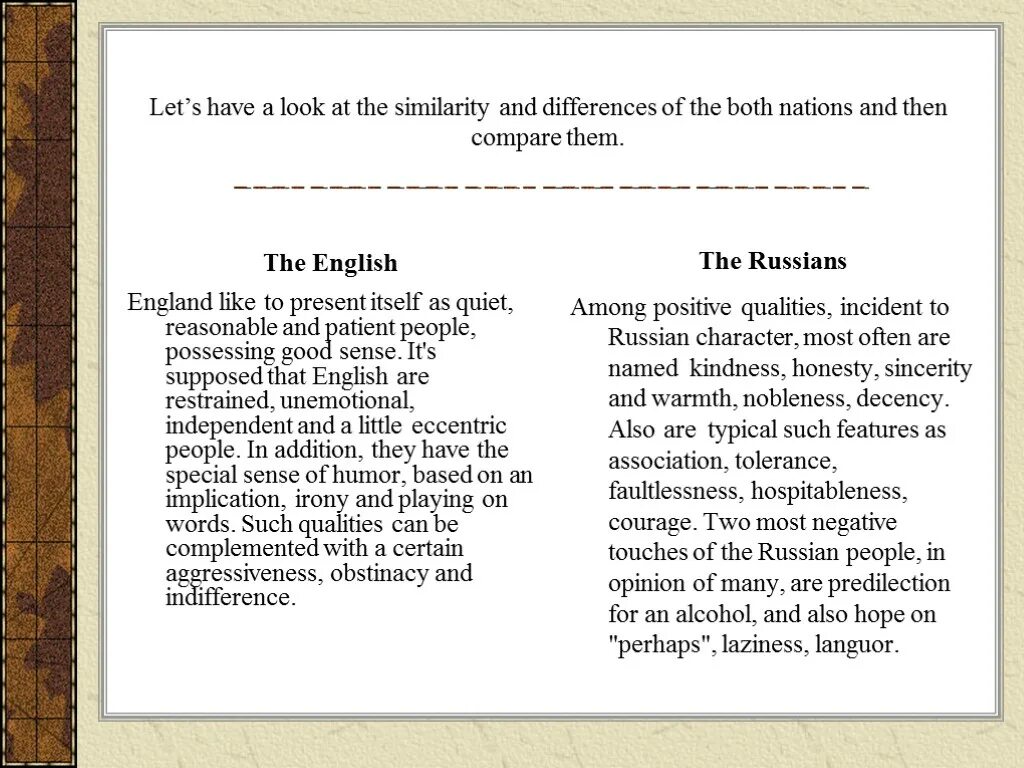 Differences russian and english. Differences between english and russian. russian national character. english character.