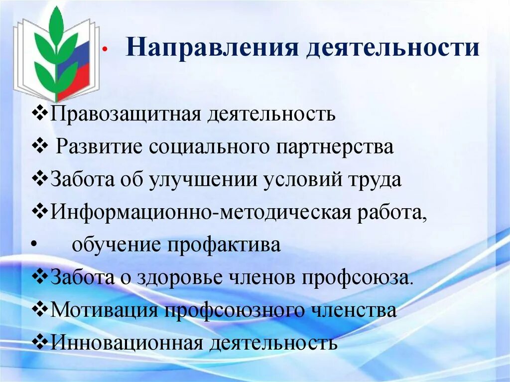 Направления деятельности профсоюза работников образования. Направления профсоюзной организации. Основные направления деятельности профсоюзной организации. Направления работы первичной профсоюзной организации. Органы правозащитной деятельности