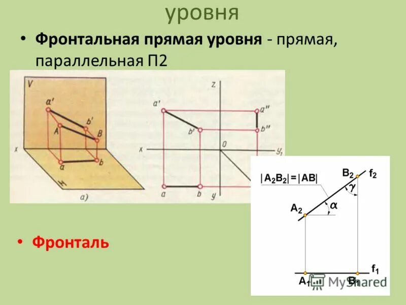 Прямая l является. Фронтально-проецирующая прямая параллельна п1 и п2. Фронтальная прямая уровня параллельная п2. Фронтальная прямая уровня (фронталь). Ортогональная проекция прямой.