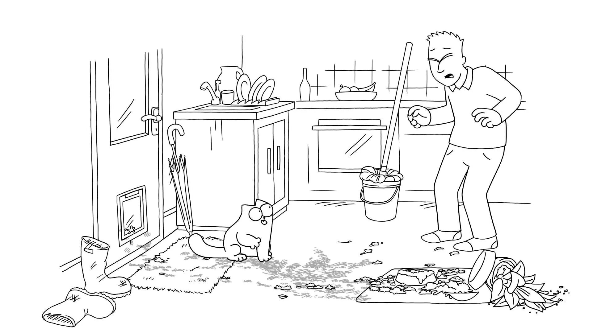 Мультяшный кот саймон. Раскраски котики на кухне. Кот саймон. Кот саймона 2008. Кот саймон и пылесос.