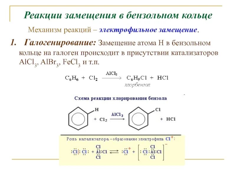 Бромирование углеводородов. Механизм электрофильного замещения в бензольном кольце. Механизм галогенирования бензола с катализатором. Механизм электрофильного замещения в бензоле. Реакции электрофильного замещения в бензольном кольце.