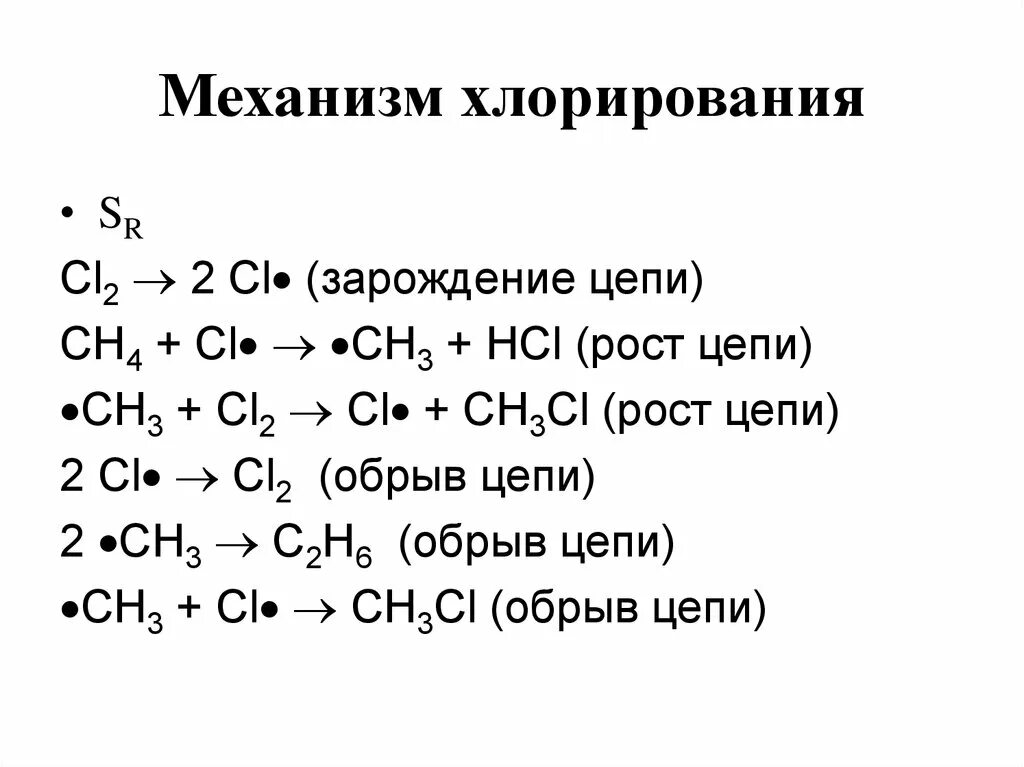 Продукт хлорирования метана. Радикальный механизм хлорирования метана. Механизм радикально цепной реакции хлорирования метана. Стадии роста цепи радикального хлорирования метана. Радикальный цепной механизм хлорирования.