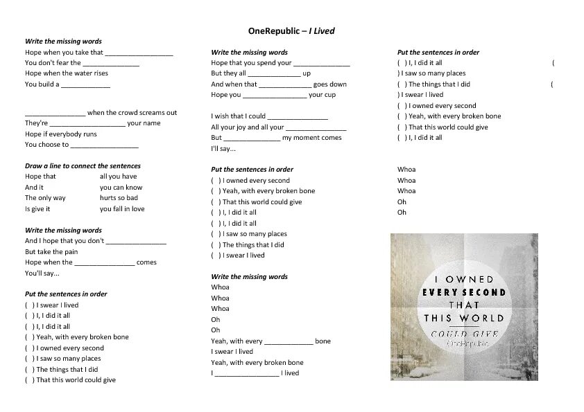 Песни на английском боль. Songs with missing Words. All the right moves текст. Counting Stars ONEREPUBLIC Worksheet. Перевод песни all the right moves ONEREPUBLIC.