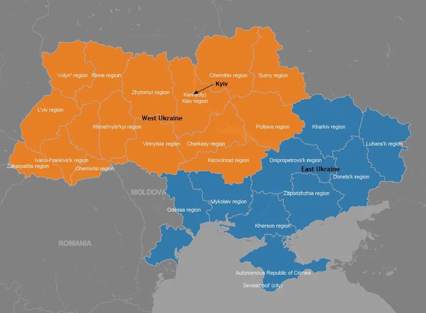 Как проходит граница украины. Западная и Восточная Украина на карте. Карта Украины с разделением на западную и восточную. Граница Западной и Восточной Украины. Карта Украины Запад и Восток.