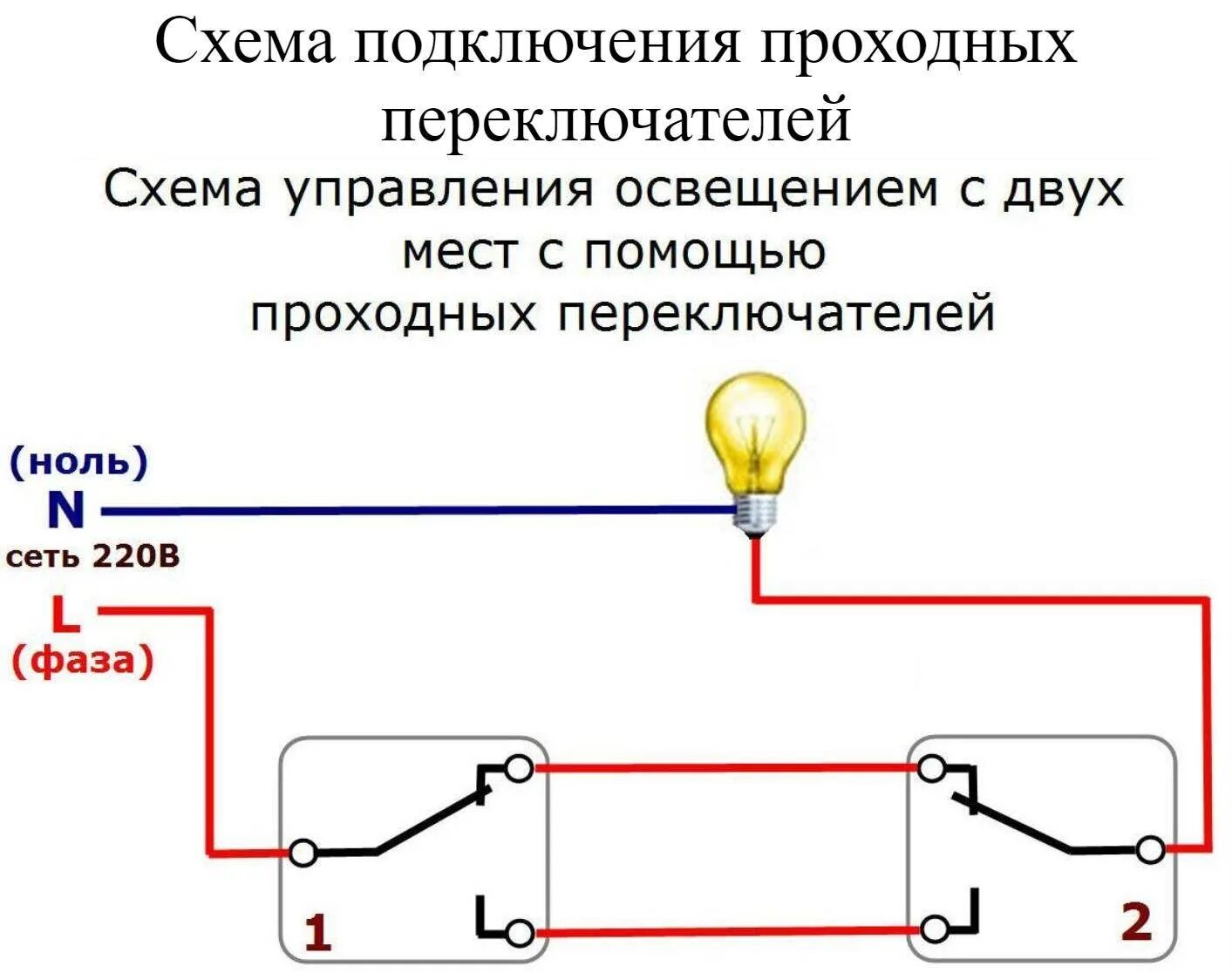 Схема подключения 2 проходных выключателей. Переключатель света проходной схема подключения. Схема соединения 2 проходных выключателей. Схема подключения проходного выключателя с 2х мест одноклавишный. Соединение проходного выключателя