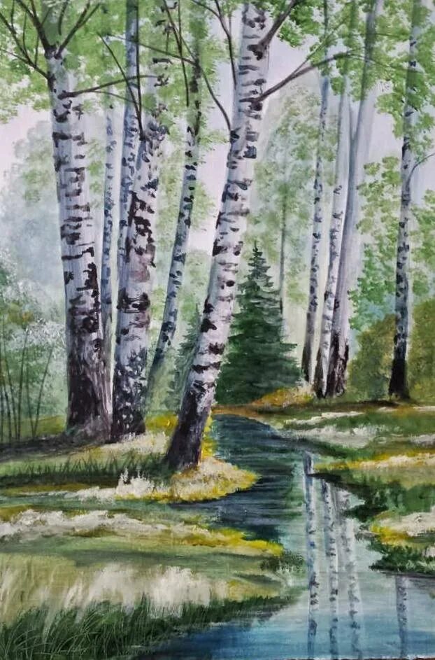 Береза гуашью. Правополушарное рисование березовая роща. пейзаж березовая роща гуашью.