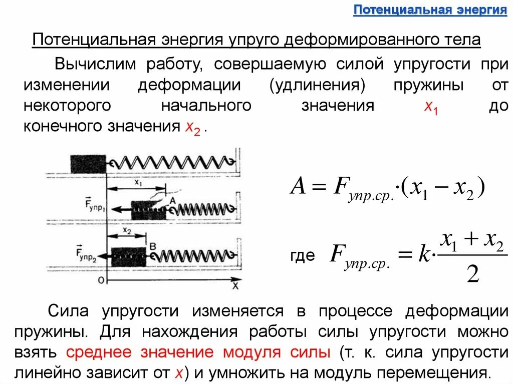 Кинетическая и потенциальная энергия закон. Потенциальная энергия упруго деформированной пружины формула. Вывод формулы потенциальной энергии деформированной пружины. Потенциальная энергия упруго сжатой пружины формула. Максимальная потенциальная энергия упругой деформации пружины.